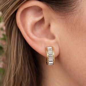 Vintage‎ Carolee Gold Tone Baguette Rhinestone Clip On Half Hoop Earrings